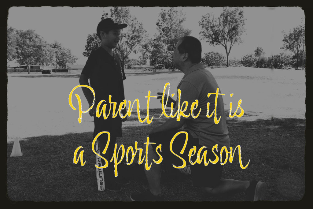 A dad is talking to his son a who is ready to bat the ball with a baseball bat. The overlaying text in yellow says: "Parent like it is a Sports Season".