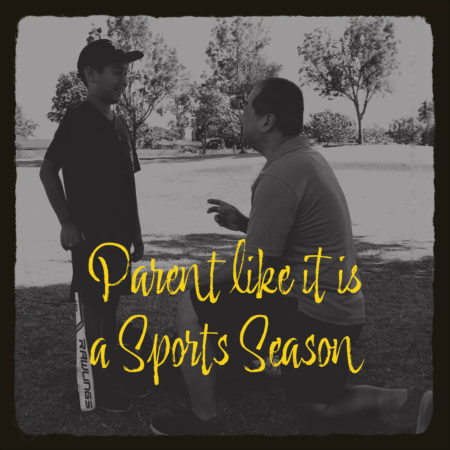 A dad is talking to his son a who is ready to bat the ball with a baseball bat. The overlaying text in yellow says: "Parent like it is a Sports Season".