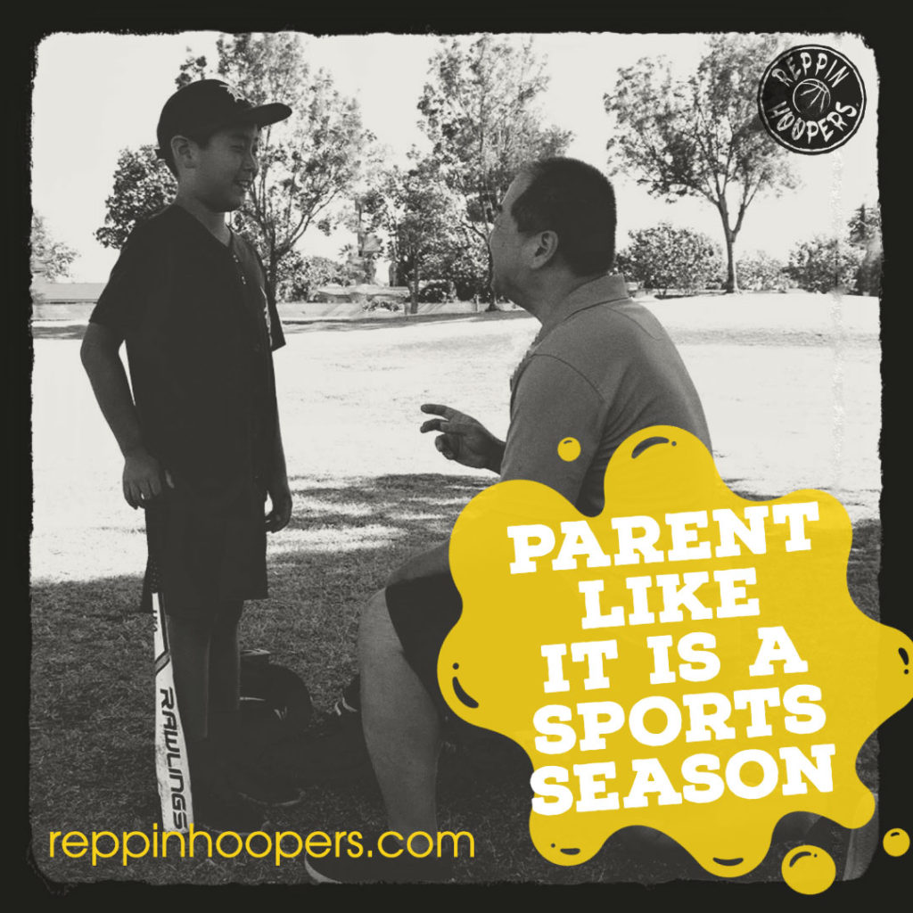 A dad is talking to his son a who is ready to bat the ball with a baseball bat. The overlaying text in yellow says: "Parent like it is a Sports Season".