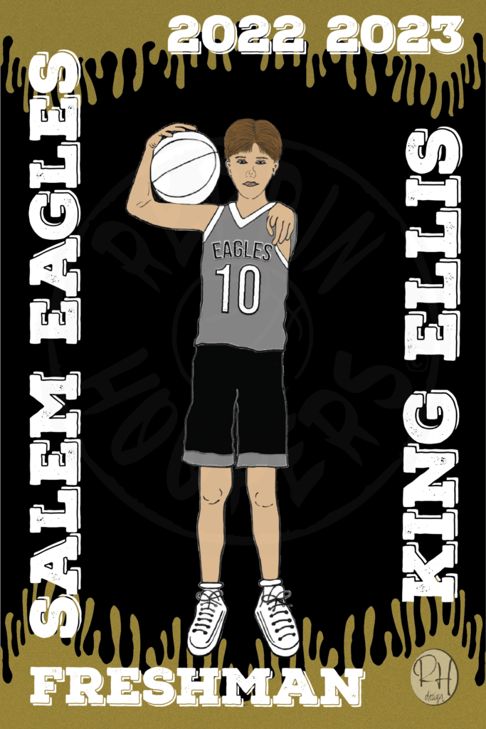 An illustration of a male basketball player is shown on a poster with a black background.