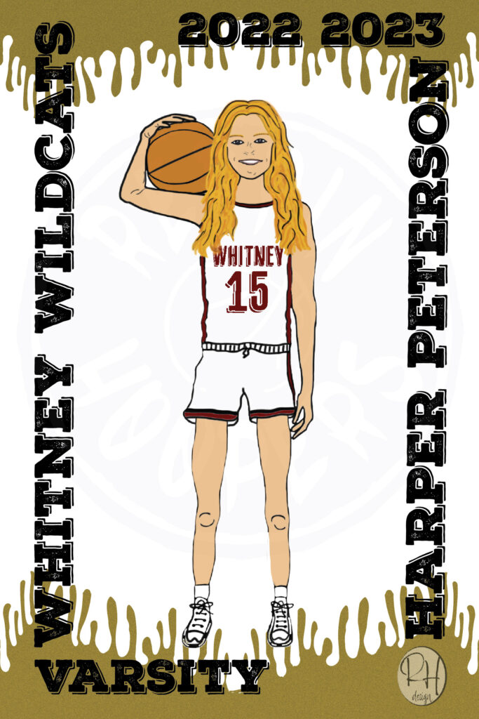 An illustration of a female basketball player is shown on a poster with a white background.