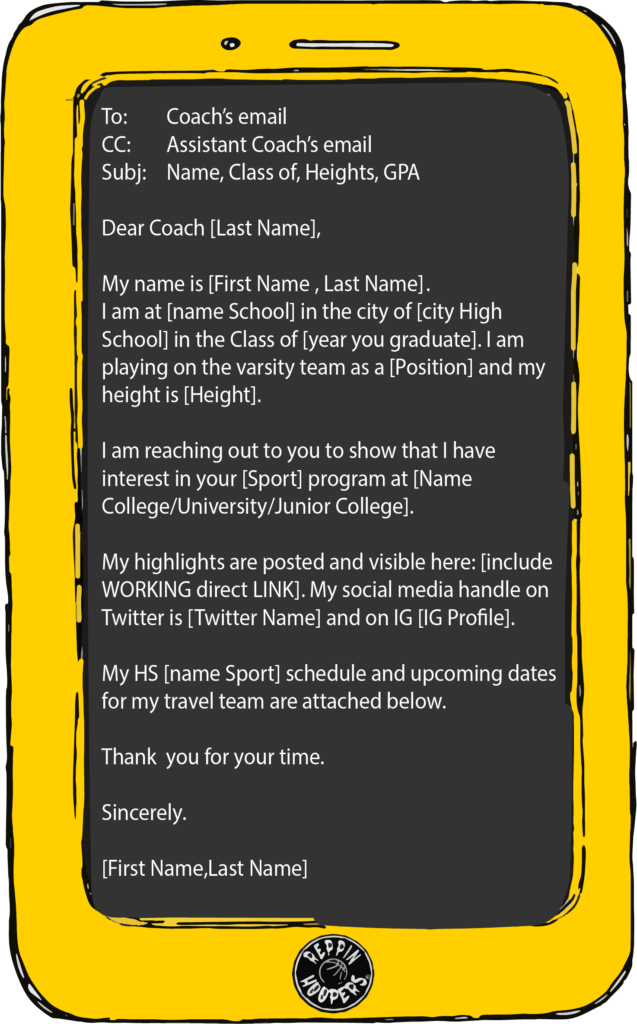 A yellow phone shows a template of the first email a High School athlete can send to a College coach.