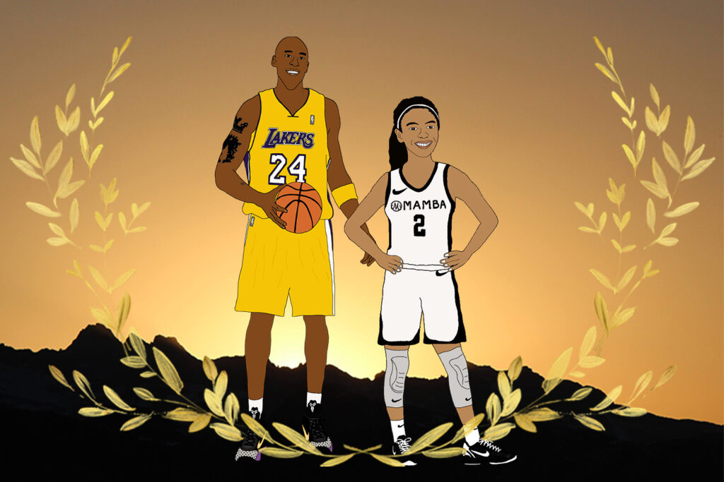 A drawing remembering Kobe and Gigi Bryant in a sunset, surrounded by golden leaves.