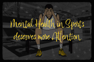 An athlete is sitting on a bench with his head in his hands. The overlaying text says: "Mental health in sports deserves more attention".