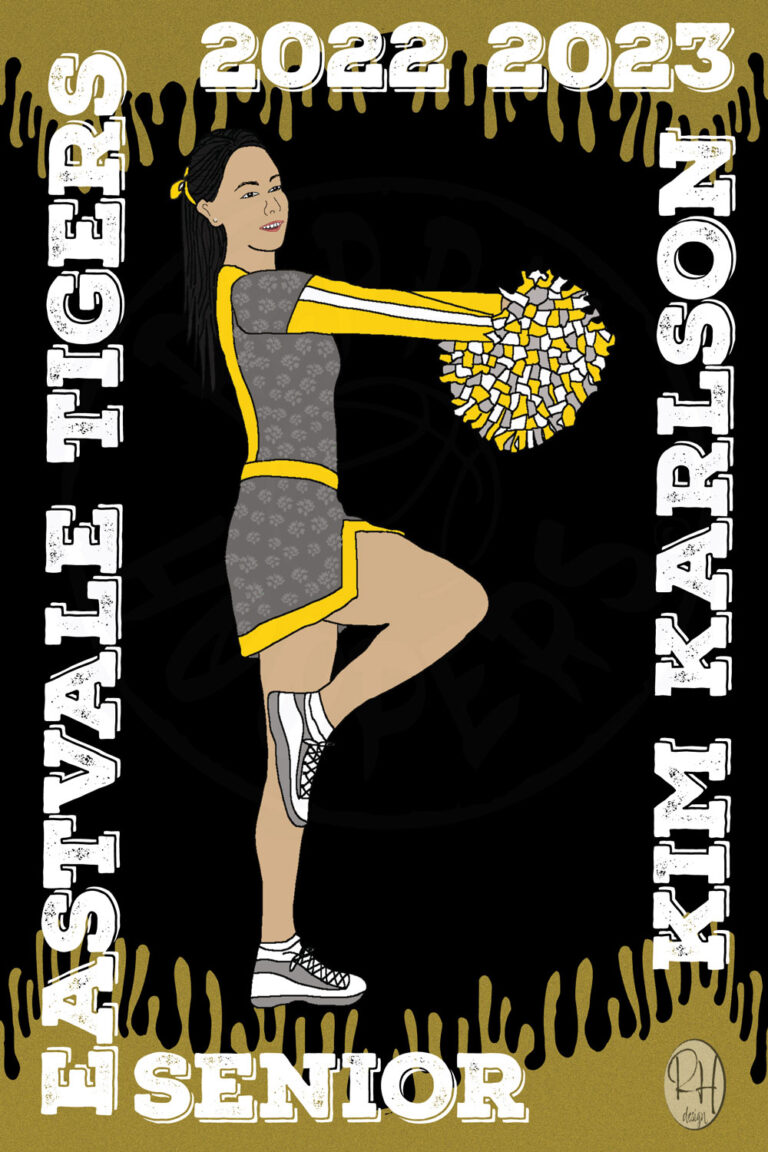 A female cheerleader is seen printed on a poster