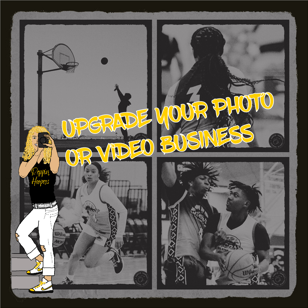 A woman is seen taking a picture. A drawing from a swimmer and gymnast is seen in the background. The overlaying text says: "Upgrade your photo or video business".