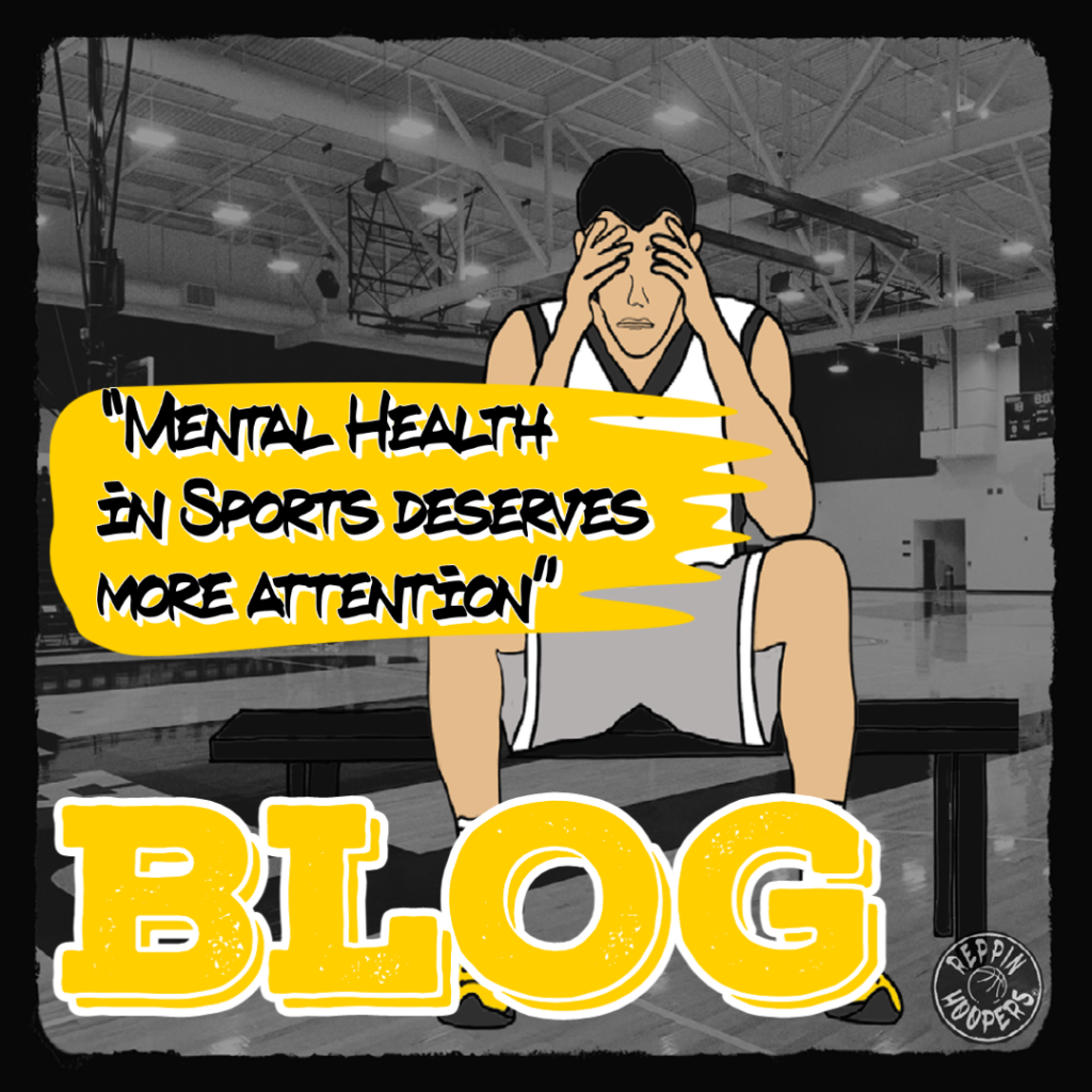 An athlete is sitting on a bench with his head in his hands. The overlaying text says: "Mental health in sports deserves more attention".