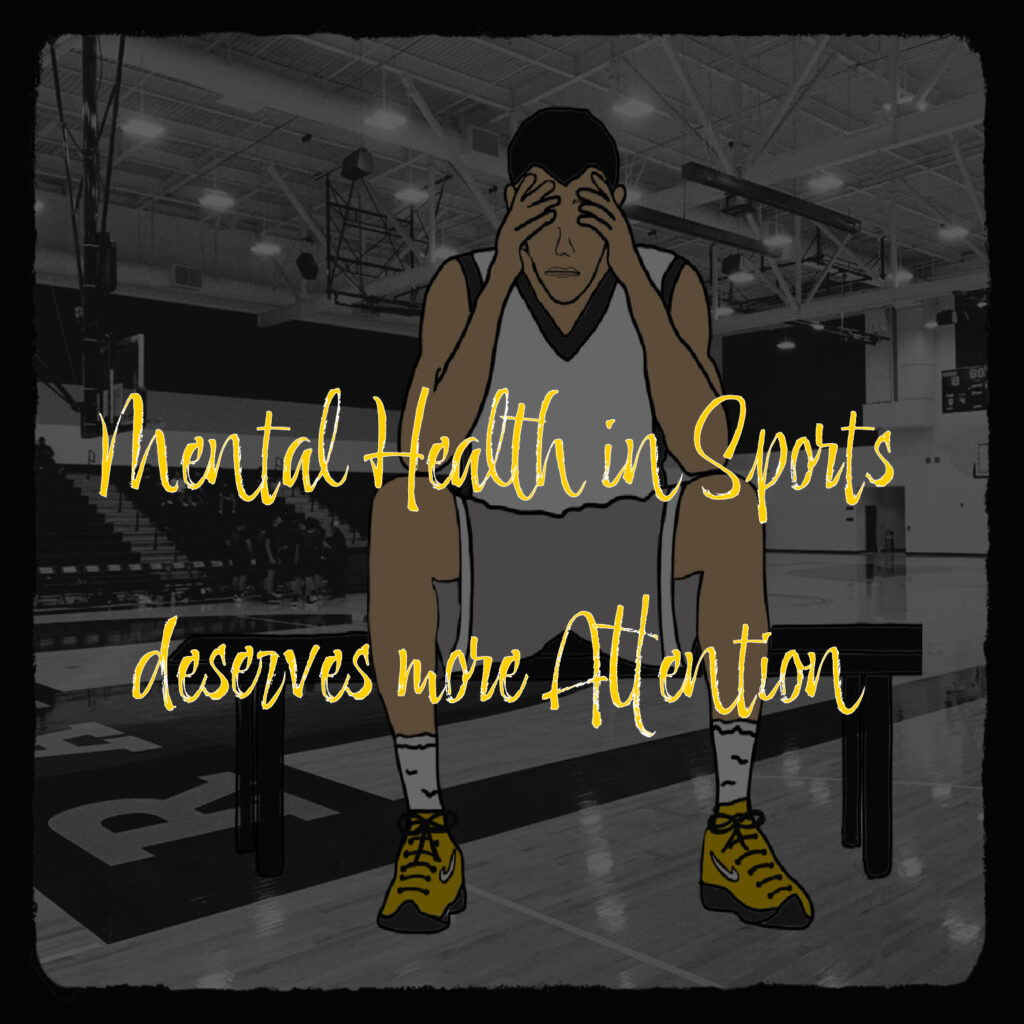 An athlete is sitting on a bench with his head in his hands. The overlaying text says: "Mental health in sports deserves more attention".