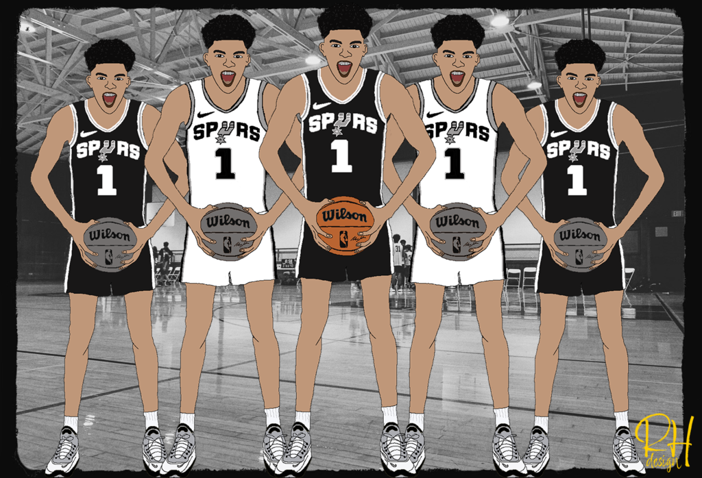 Five drawings picturing Victor Wembanyama, the number one NBA Draft pick for 2023, is pictured in black and white San Antonio Spurs' jerseys.