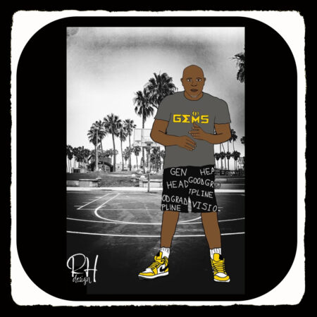 A drawing of a male basketball coach on top of a black and white photo of an outdoor basketball court.